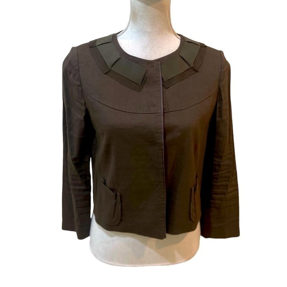 Elie Tahari olive linen blend cropped jacket Overstitching collar size small - Picture 1 of 11